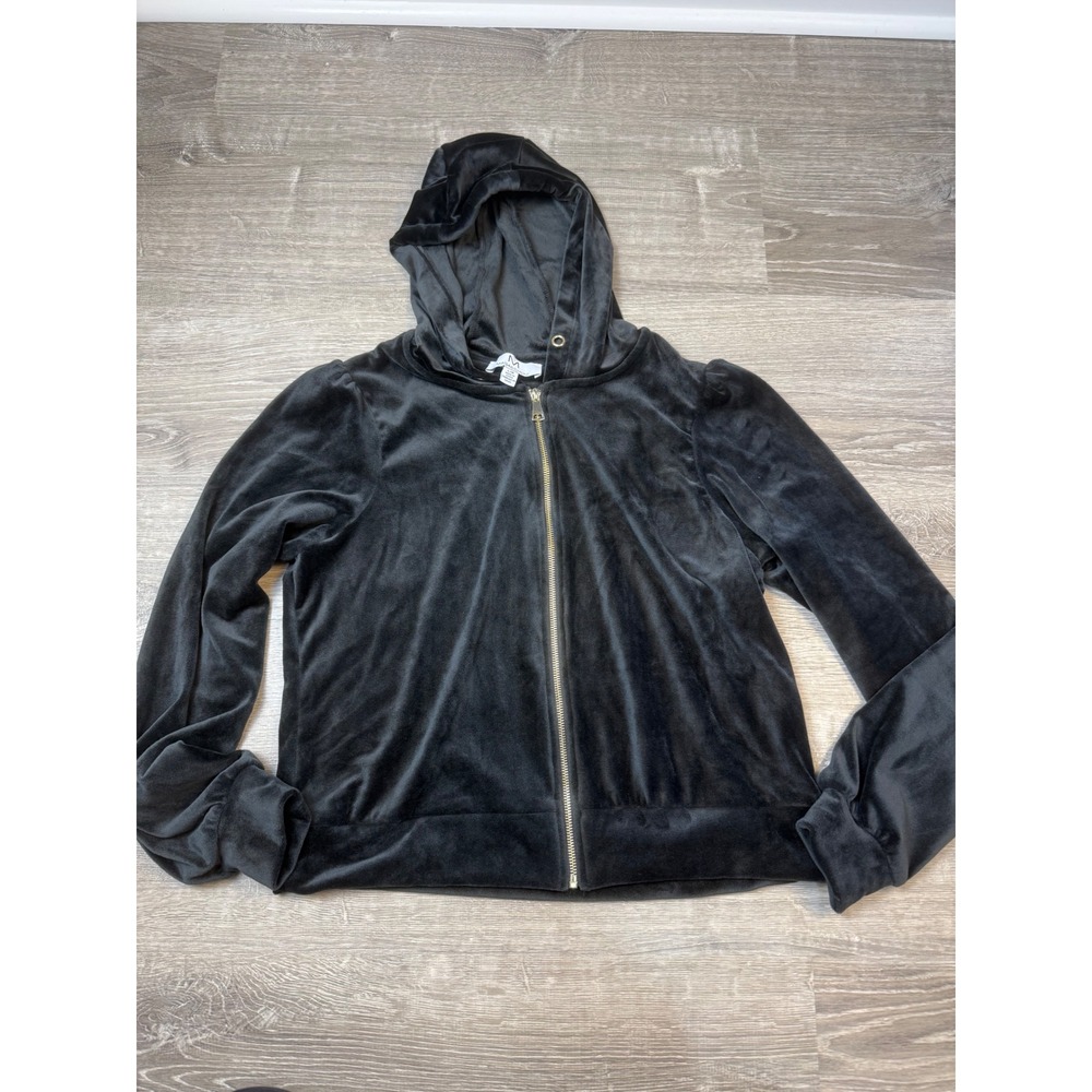 Magaschoni Black Velour Full Zip Hoodie Women Large Gold Zipper Sweatshirt